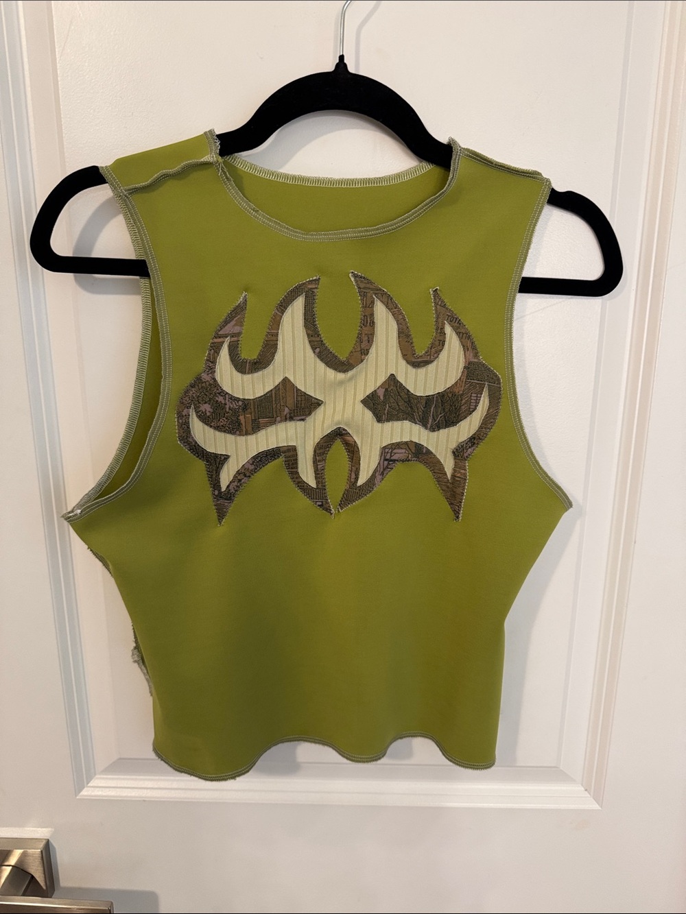 Olive Green Graphic Cropped Tank Top with Tribal Patch